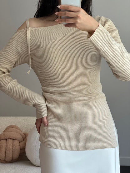 Shirring One Shoulder Slit Knit Top