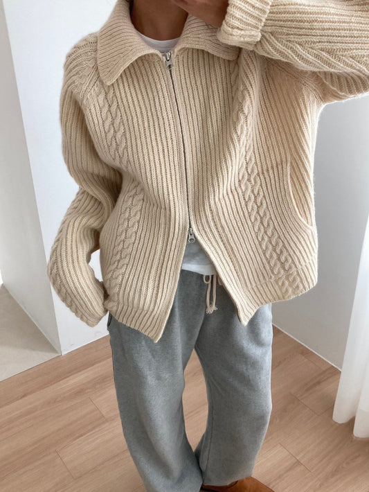 100% Wool Zip Up Knit Cardigan